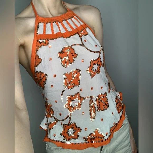 Miss Me embroidered cotton floral halter top, S, cottagecore sequins, RARE! - Picture 3 of 7